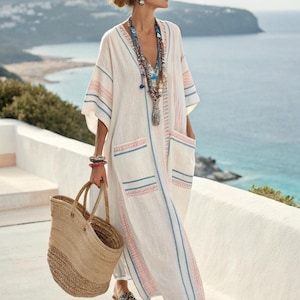 Sukienka maxi w stylu boho, kaftan, strój na wakacje na Santorini, letni strój na plażę