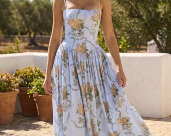 Corset Midi Sundress, Romantic Floral Outfit, European Summer Wear, Elegant Resort Style