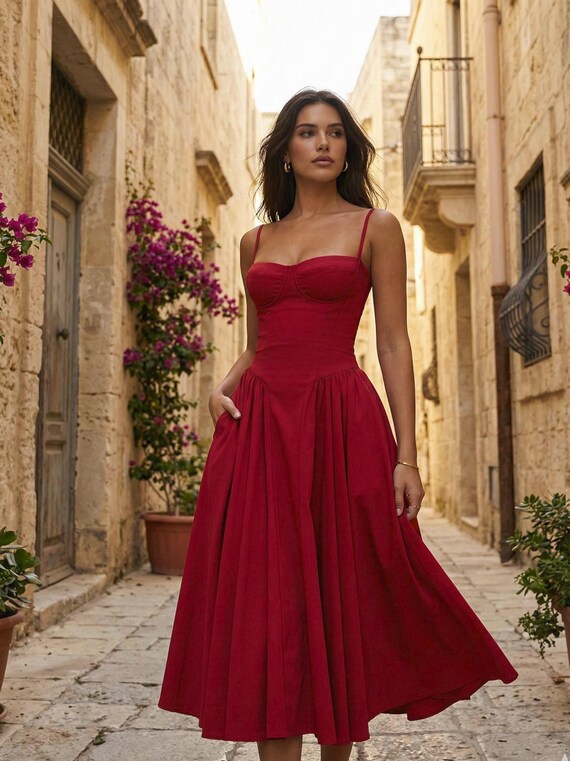 Elegant Summer Midi Dress, Vacation Resort Outfit, Casual Holiday Sundress