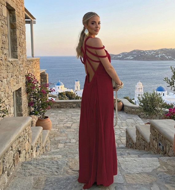 cotton wedding guest dresses Linen Cotton Maxi Dress, Pleated Flowy Halter Design, Resort Wedding Guest  Outfit