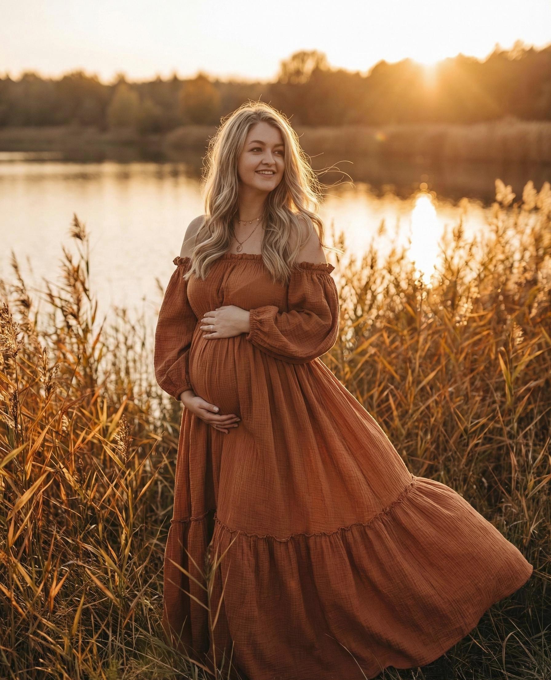 off the shoulder boho maternity dress Momyknows Boho Lace Off Shoulder Lace Tassel Crop 2-in-1 Side Slit Ruffle Photoshoot Maternity Maxi Dress, Apricot / S