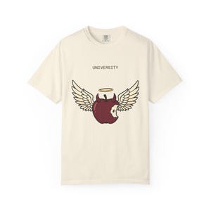 Angel Devil Apple T-shirt | Winged Apple with Halo, 'University' Text