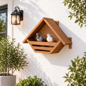 Op de afbeelding: Een aan de muur gemonteerd houten vogelhuis met een puntdak en een open voorkant, voorzien van horizontale latten aan de onderkant. Twee duiven, een grijze met iriserende veren en een witte, zitten in de structuur tegen het houten achterpaneel.