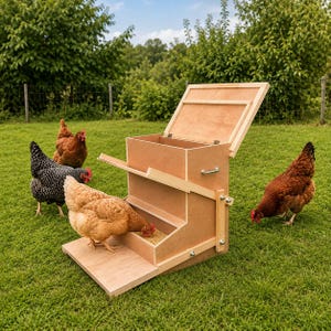 Könnte beinhalten: Ein hellbrauner Hühnerfutterautomat aus Holz mit aufklappbarem Deckel und einer Bodenplatte. Der Futterautomat verfügt über einen mechanischen Hebelmechanismus, der den Zugang zum Futtertrog ermöglicht. Mehrere Hühner fressen am Futter.