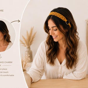 May include: A woman wearing a mustard yellow woven headband with a gold ring detail. The headband is part of a boho-themed hair accessory collection. The image shows a before and after comparison, highlighting the headband's ability to add instant charm and style.