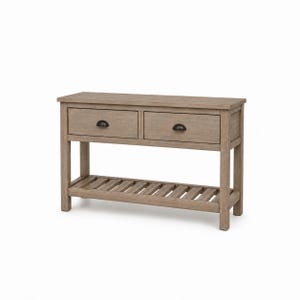 May include: A rectangular wooden console table with a light brown finish, featuring two drawers with dark metal cup pulls and a slatted lower shelf. The piece stands on four straight legs and has a flat top surface for storage or display.