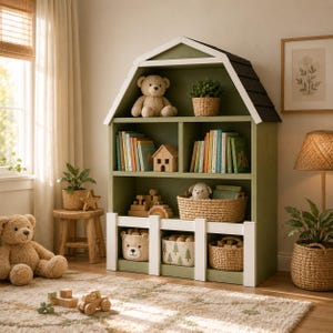 May include: A green barn-shaped bookcase with white trim and a dark brown roof. The shelves are filled with books, toys, and decorative baskets. A teddy bear sits on top. The room has a rug, a small wooden stool, and a window.