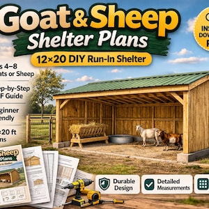Peut inclure: Plans de construction d'un abri pour chèvres et moutons. L'image présente un abri en bois avec un toit vert, conçu pour 4 à 8 animaux. Les plans mesurent 3,66m x 6,1m et comprennent un guide PDF étape par étape, facile à réaliser.
