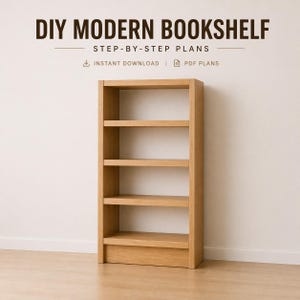 May include: A light brown, modern bookshelf with four shelves. The text at the top reads "DIY MODERN BOOKSHELF STEP-BY-STEP PLANS." Below the text are the words "INSTANT DOWNLOAD | PDF PLANS."