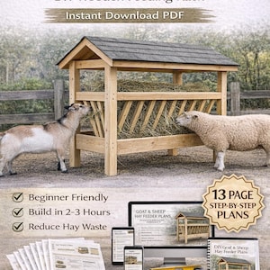 Pode incluir: Um comedouro de feno de madeira com telhado cinza, projetado para cabras e ovelhas. A imagem mostra uma cabra e uma ovelha comendo feno do comedouro. O texto na imagem diz "GOAT & SHEEP HAY FEEDER PLANS PDF".