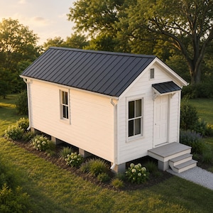 Op de afbeelding: Een kleine witte rechthoekige hut met horizontale gevelbekleding en een donker metalen zadeldak. De structuur heeft een witte deur met een kleine metalen luifel, twee verticale ramen, witte dakgoten en een trap met drie grijze treden.