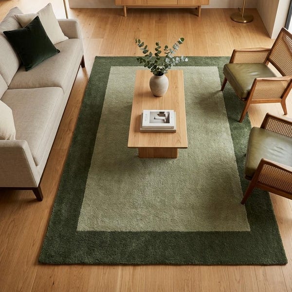 Carpette en laine tuftée à la main, bordure vert olive, tapis minimaliste moderne