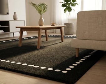 Hand Tufted Wool Area Rug Minimalist Black White Polka Dot Border Scandinavian Living Room