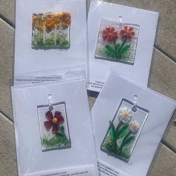 Timeless Gift! Spring Flower sun catcher greeting cards Handmade in Fused Glass