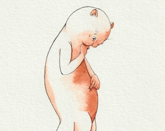 Poke, giclee print of my watercolor and ink illustration of an otter poking itself in the belly