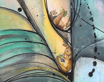 Burrowed in a Book, Giclee Print of an original mixed media watercolor painting
