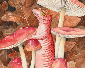 Red Salamander with False Caesar Mushroom, giclee of my original watercolor painting