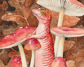 Roter Salamander mit falschem Kaiserpilz, Giclee von meiner originalen Aquarellmalerei