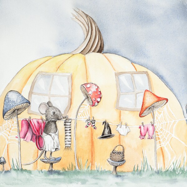Laundry Line, original watercolor painting of a mouse, pumpkin house and mushrooms