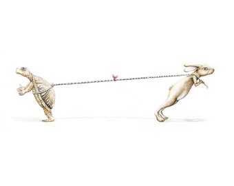 Tug of War, Giclee Print of original watercolor painting, turtle and hare