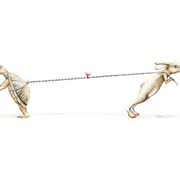 Tug of War, Giclee Print of original watercolor painting, turtle and hare