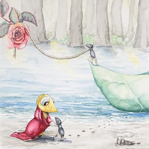 Dry Off, impresión giclée de la ilustración de acuarela original de mi libro "What the Map Left Out" de una hormiga que ayuda a una abeja a secarse.