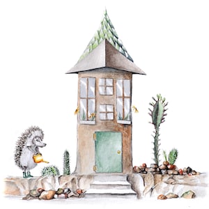 Maison du hérisson, carte de correspondance de 5 x 7 po. de ma peinture aquarelle originale