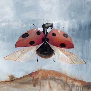 Almost Tethered, Giclee Print of my original mixed media painting of a red ladybug taking flight from the ground