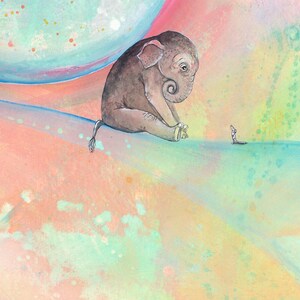May include: A watercolor painting of a small elephant sitting on a light blue and pink surface. The elephant is looking at a small, light blue figure in the distance.
