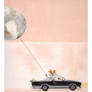 May include: An illustration depicts a black pickup truck with three figures in astronaut suits, towing a large, detailed sphere against a pink and white background. The sphere resembles a planet. The artwork has a whimsical, space-themed aesthetic.