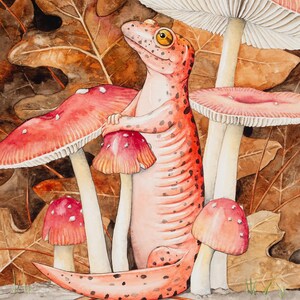 偽シーザーマッシュルームをつけた赤いサンショウウオ、私のオリジナル水彩画の 5"x7" ノートカード