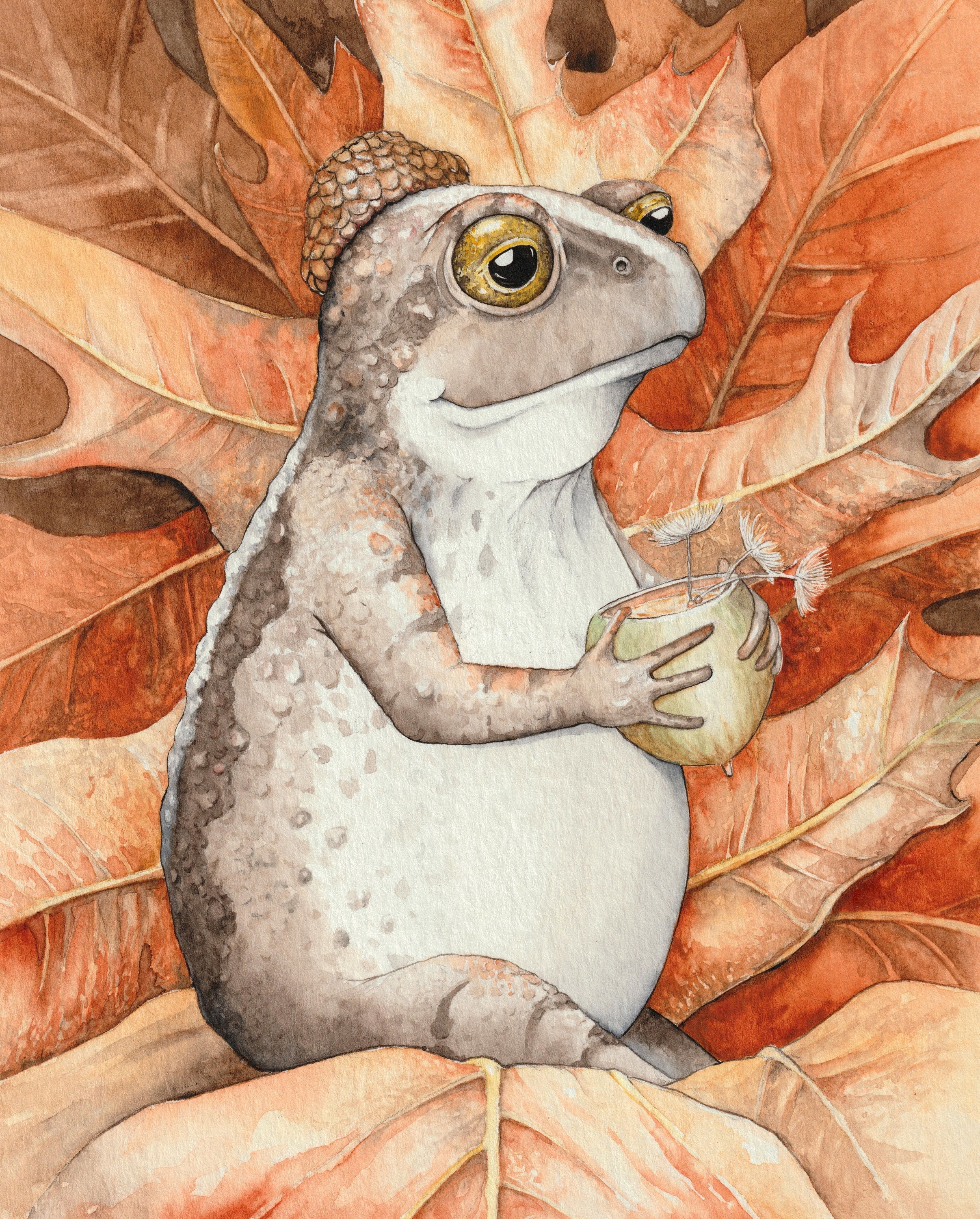 Oak Toad with Turkey Oak, Giclee Print of my original watercolor painting of a small toad holding a drink cup with oak leaves behind it