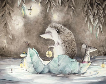 Voyage Light, original watercolor painting with Hedgehog, frog, mouse, ants and lightning bugs