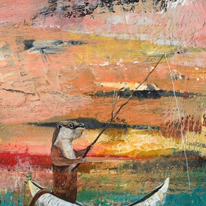 釣り旅行、5"x7" ノートカード、私のオリジナルミックスメディア水彩画