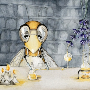 Le laboratoire, carte de correspondance de 5 x 7 po. de ma peinture aquarelle originale
