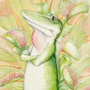 Anole avec piège à mouches Vénus, carte de correspondance de 5 x 7 pouces de ma peinture aquarelle originale