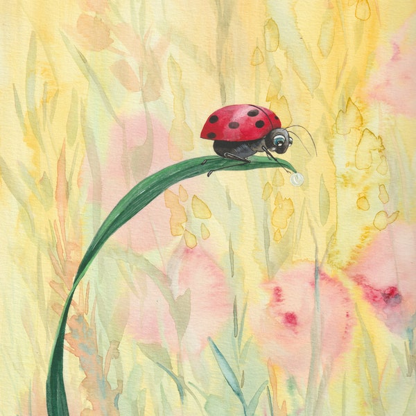 Reach, Original Watercolor and Guache painting of a ladybug reaching for a drop of water