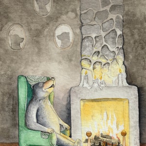 A Cozy Den, Giclee print of my original watercolor showing a bear sleeping next to a fire in a green armchair