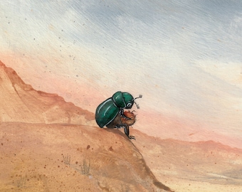 Shit Rolls Down Hill, original painting of a dung beetle painted with watercolor and gesso