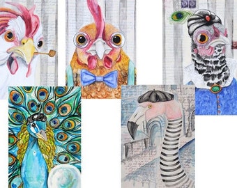 Birds of a Feather Notecard Set, 5 notecards blank on the inside, one of each image shown