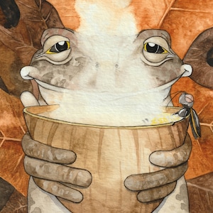 Best Medicine, The,  giclee print of my original watercolor painting of a toad holding a hot drink in an acorn cup with a firefly in it