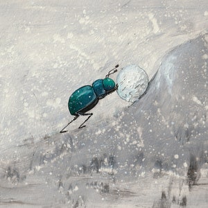 A Snowball's Chance, dipinto originale ad acquerello con tecnica mista raffigurante uno scarabeo stercorario che rotola una palla di neve, dipinto originale
