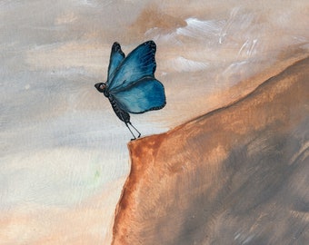 Jumping Off Point, Giclee Print of my original mixed media watercolor painting, showing a blue butterfly standing at the edge of a cliff