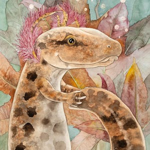 ヌーセ川のウォータードッグとアメリカンスイートガムの葉、私のオリジナル水彩画の 5"x7" ノートカード