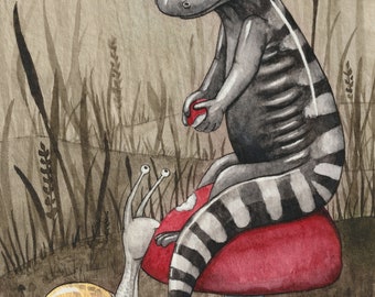 Snack Time, giclee print of my original watercolor painting of a marbled salamander and a snail eating a mushroom