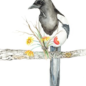 Ramo de urracas, tarjeta de 5" x 7" con mi pintura de acuarela original