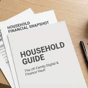 Puede incluir: Vista superior de una taza de té, gafas, un bolígrafo negro y documentos sobre una mesa de madera. Los documentos tienen los títulos "Household Guide" y "Household Financial Snapshot".