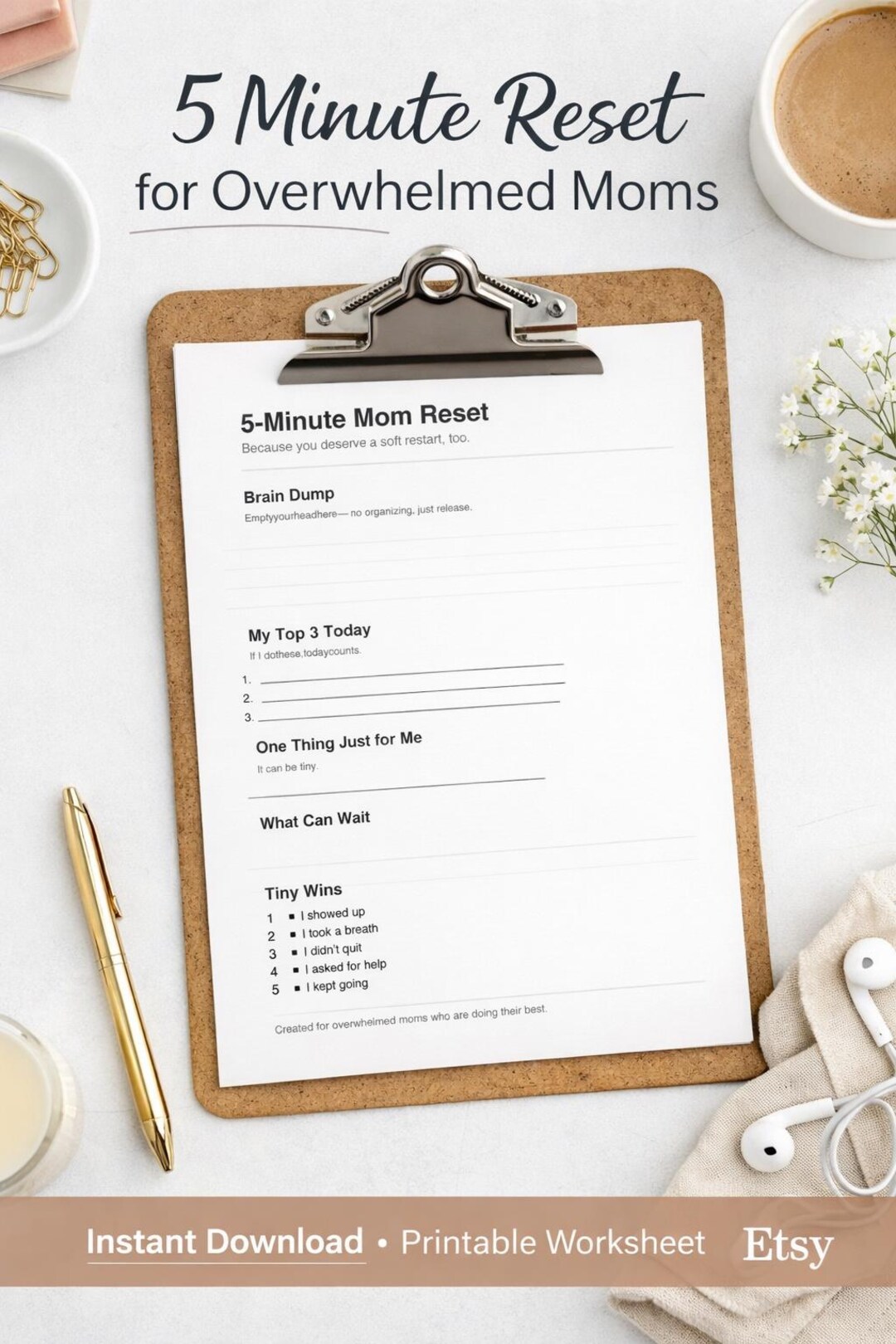 5 Minute Mom Reset Worksheet | Daily Self Care Planner (digital ...