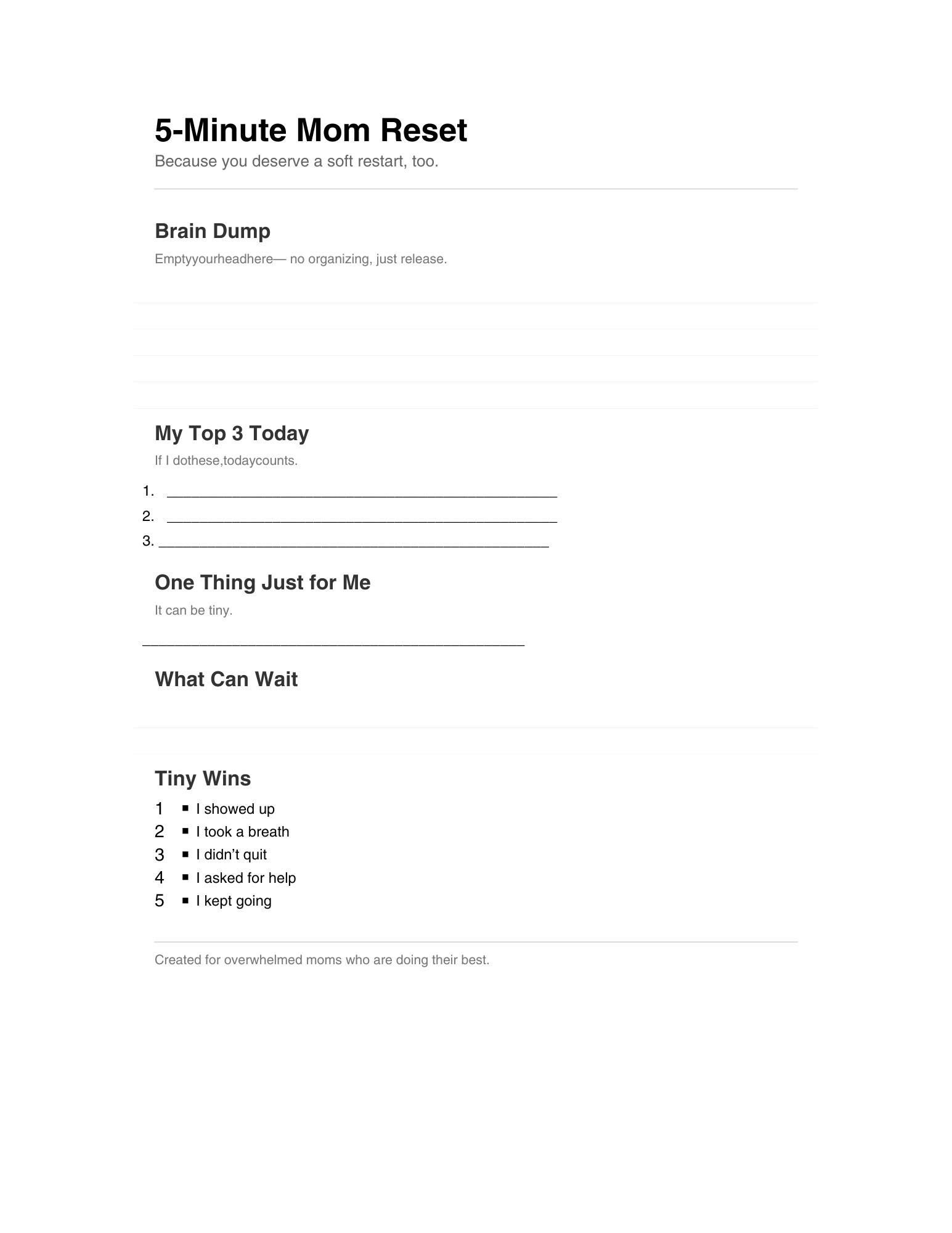 5 Minute Mom Reset Worksheet | Daily Self Care Planner (digital ...