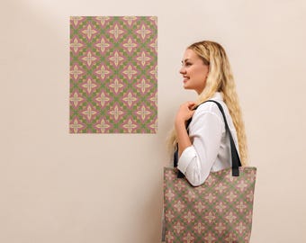 Bolso tote con estampado floral – Bolso tote con diseño botánico en verde y rosa / Mdel Studio